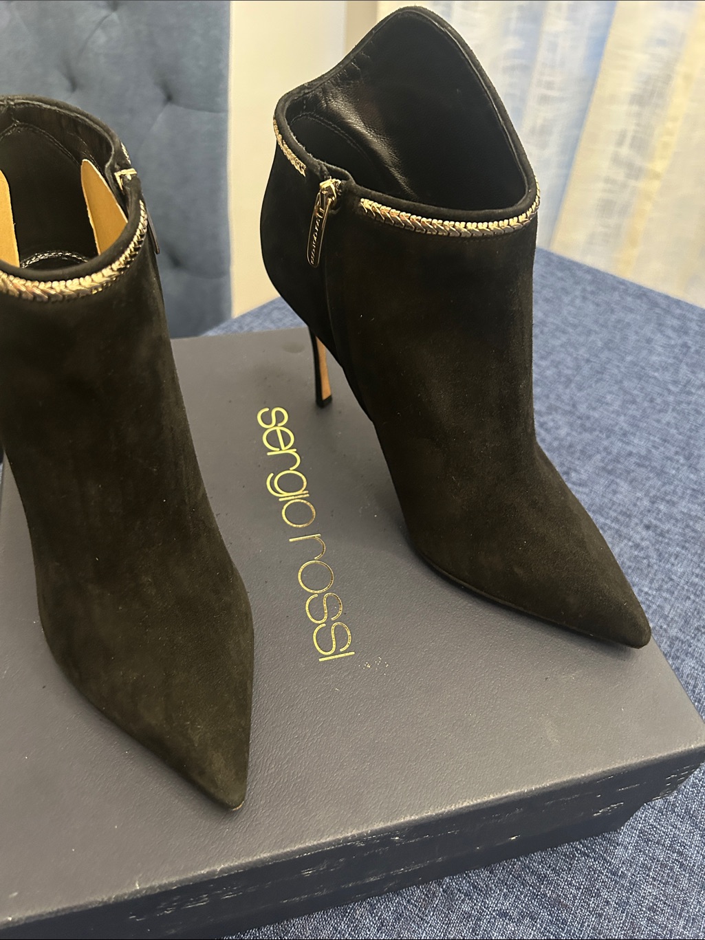 Sergio Rossi Black Suede Pointed Ankle Booties With Gold Trim